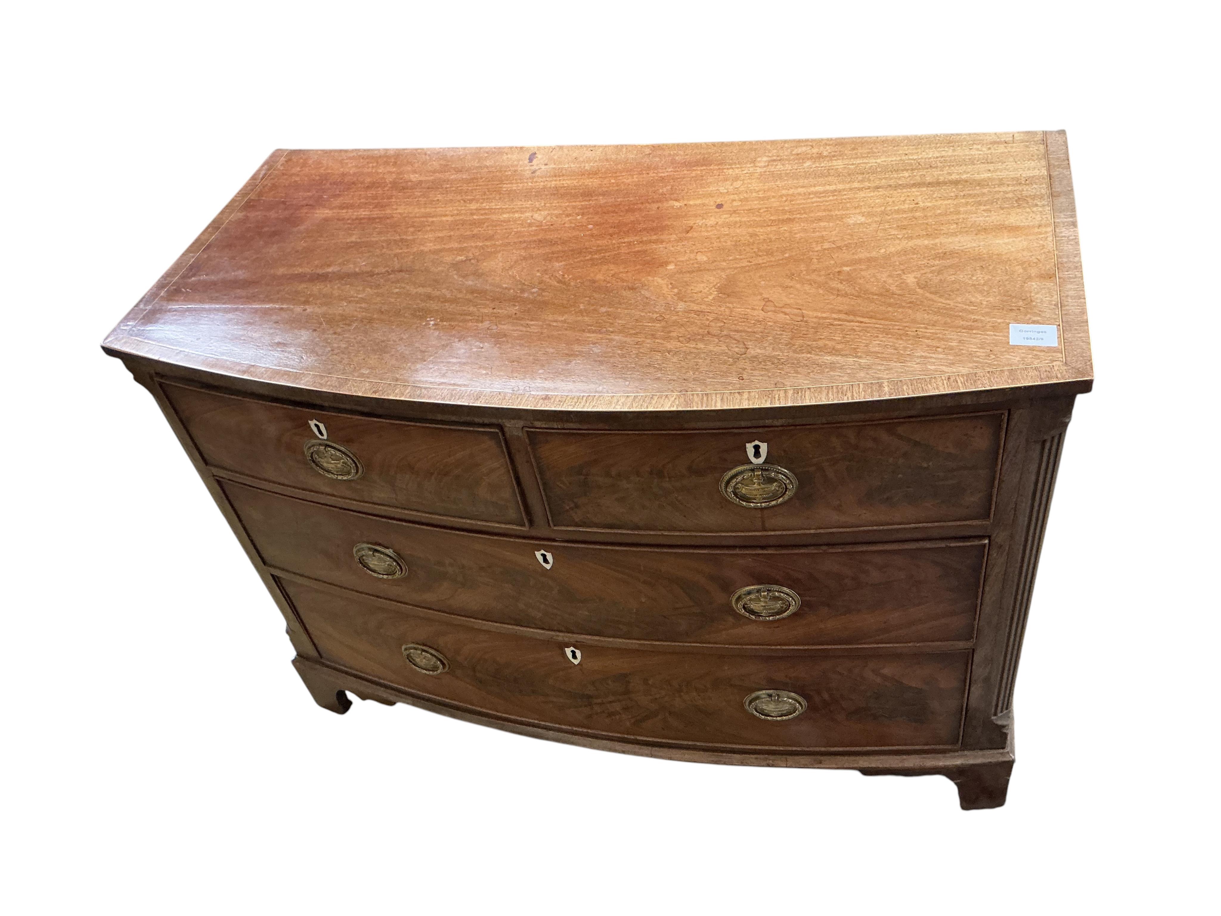 A Regency mahogany four drawer bowfront chest, with ivory escutcheons, width 106cm, depth 53cm, height 76cm CITES Submission reference, L1WCNUFE